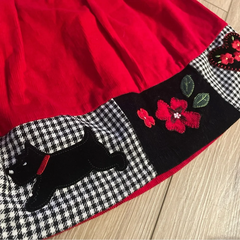 Vintage Red Corduroy Embroidered Girl 3T Dress Plaid Scottish Dog Floral Hearts - Picture 3 of 7